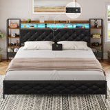 DICTAC King Size Metal Bed Frame with Smart Charging Headboard, Storage Shelves, and LED Lighting DICTAC