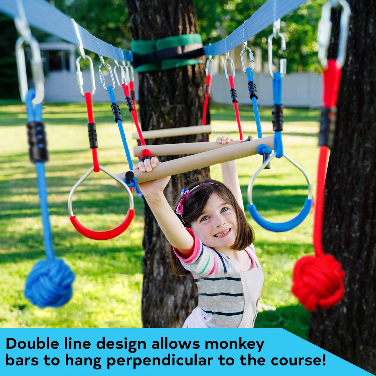 Double Ninja Slackline Obstacle Course for Kids | 80 Foot Line | Ninja Slackline Monkey Bars Playground Equipment | Ninja Ropes Course | Patented Double Line Design Lily's Things
