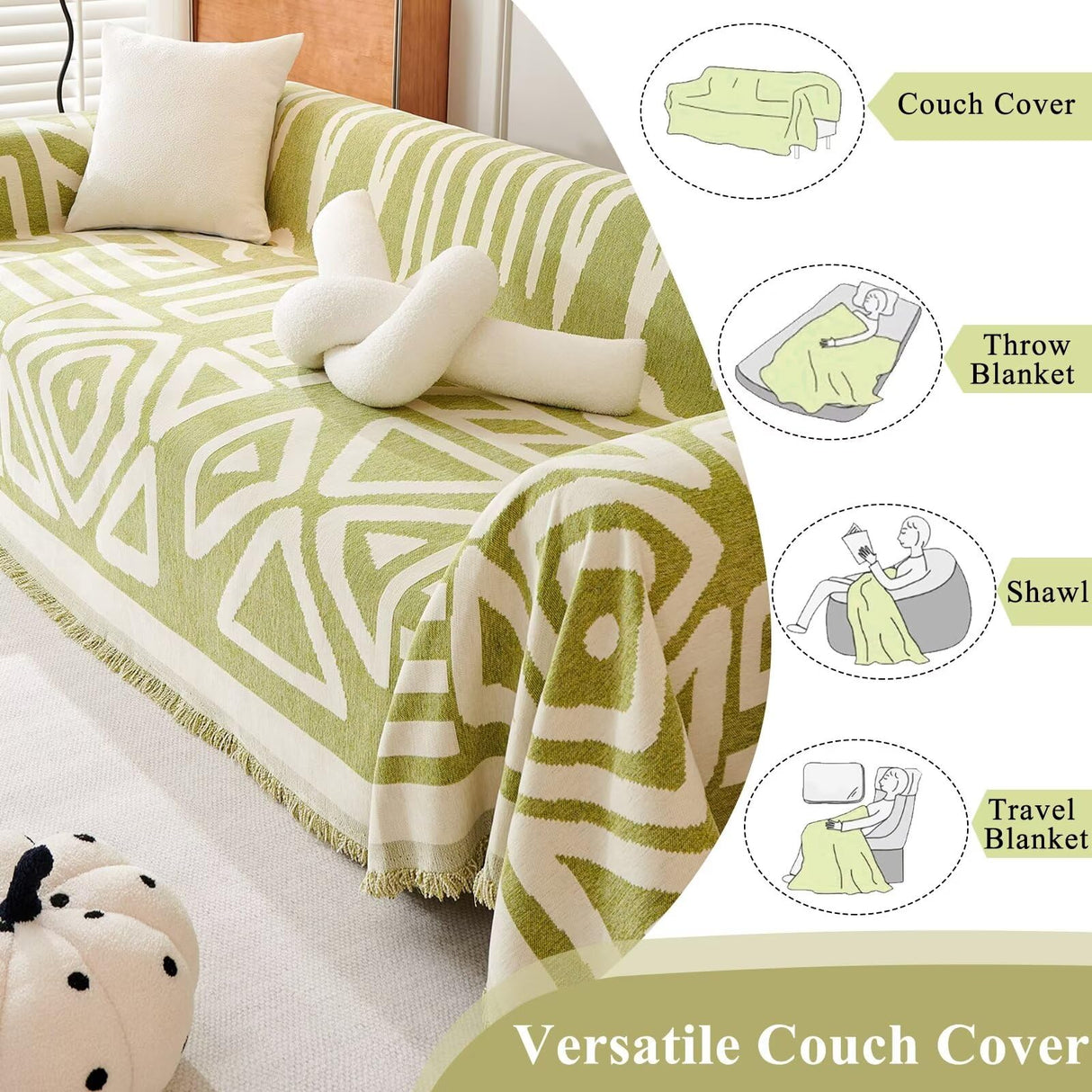 VClife Boho Couch Cover Non-slip Chenille Sectional Sofa Couch Cover for 2 Cushion Couch Sofa Modern Cream White Green Geometry Sofa Slipcover for Loveseat Washable Furniture Protector Cover 71"x 118" VClife