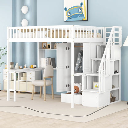 Harper & Bright Designs White Full Size Loft Bed with Integrated Storage and Workspace - WoodArtSupply