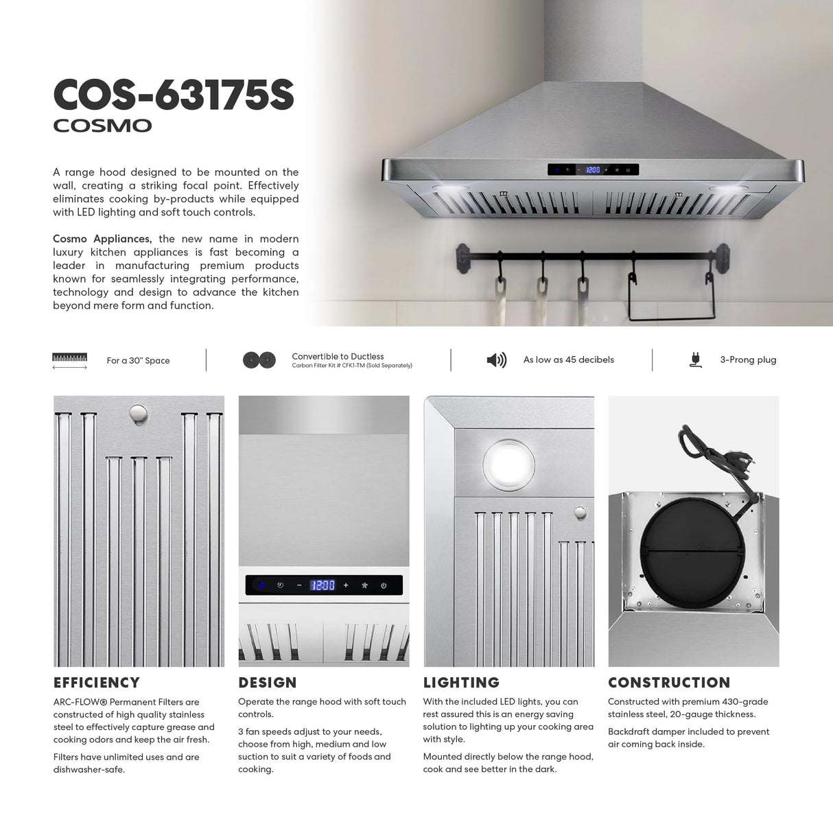 COSMO COS-63175S 30 in. Vista Collection 380 CFM Ducted Wall Mount Range Hood, Touch Controls, LED Lights, Stainless Steel COSMO
