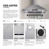COSMO COS-63175S 30 in. Vista Collection 380 CFM Ducted Wall Mount Range Hood, Touch Controls, LED Lights, Stainless Steel COSMO