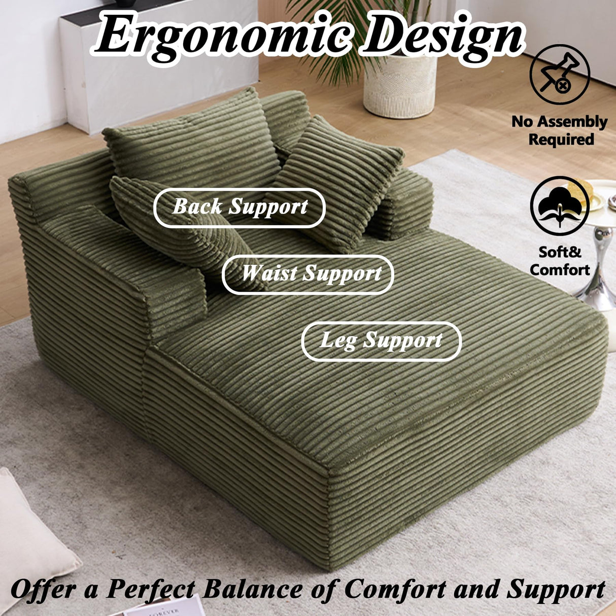 HRVEOCEI 49" Chaise Lounge Indoor, Oversized Chaise Lounge Chair with 3 Comfy Pillows for Living Room Bedroom, Wide Arms Corduroy Fabric High-Density Foam No Assembly Required (Sage Green) HRVEOCEI