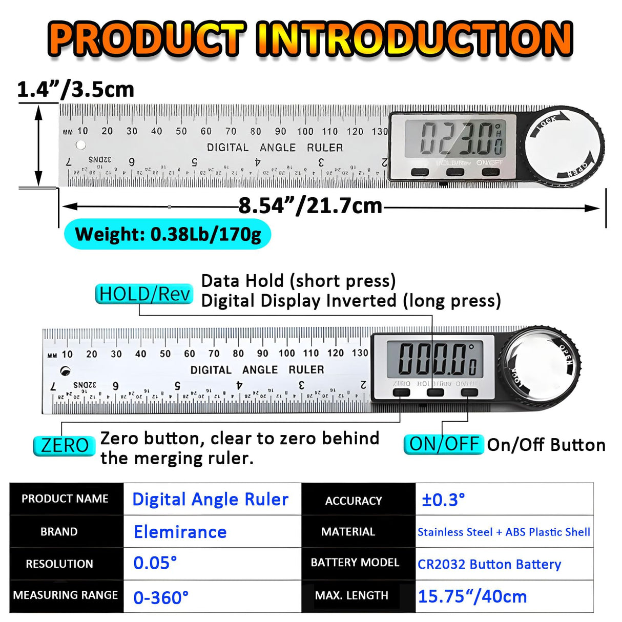 Digital Angle Ruler Finder Protractor, Angle Finder Ruler with 7inch / 200mm, Angle Measuring Tool for Carpenter Wood Working Construction DIY Measurement - Silver Elemirance