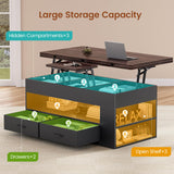 Itaar Lift Top Coffee Table, 4 in 1 Coffee Tables with Storage and Hidden Compartment, Farmhouse Coffee Table with 2 Fabric Drawers & LED Light for Living Room, Black Itaar
