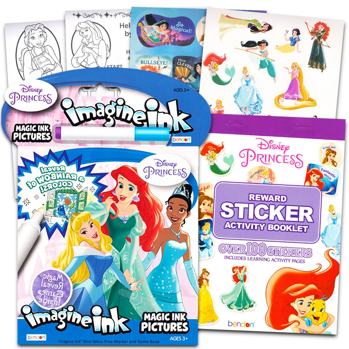 Disney Princess Imagine Ink Book and Sticker Book Set (Bundle Includes 2 Books and Mess Free Marker) Disney