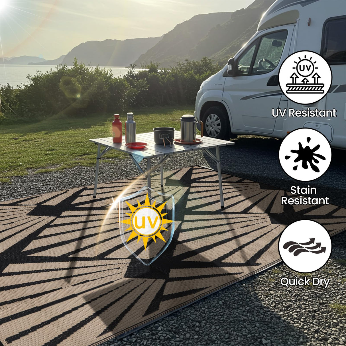 Reversible Outdoor Plastic Straw Rug 5x8 Ft, Waterproof Foldable Camping Mat with Uv Protection, Quick-Dry Plastic Straw Patio Carpet for Deck Rv Porch Backyard Black & Brown BUPPLEE