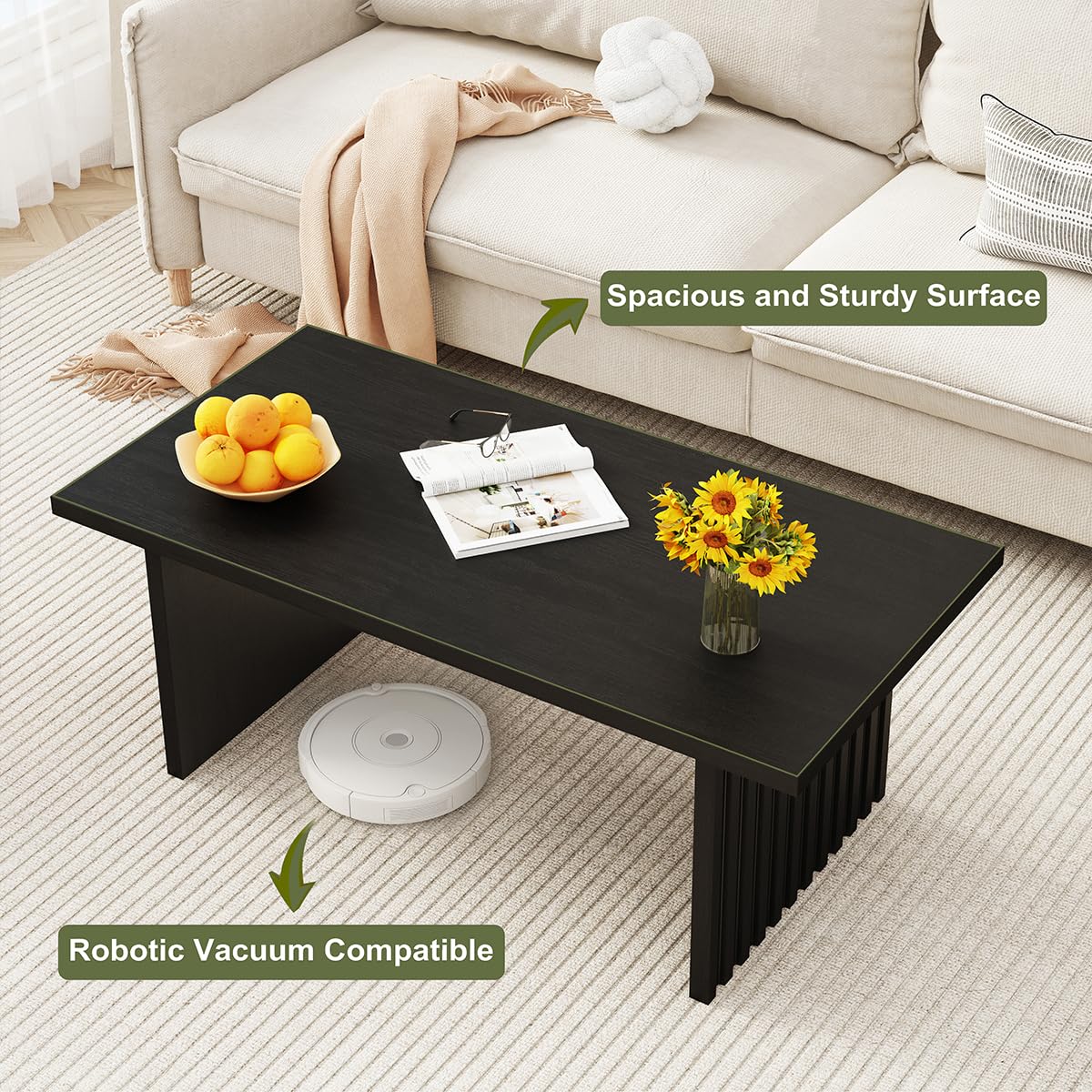 BON AUGURE Black Coffee Table, Modern Coffee Tables for Living Room, Wooden Center Table, Living Room Tables for Home, Office (Black Oak, 43Inch) BON AUGURE