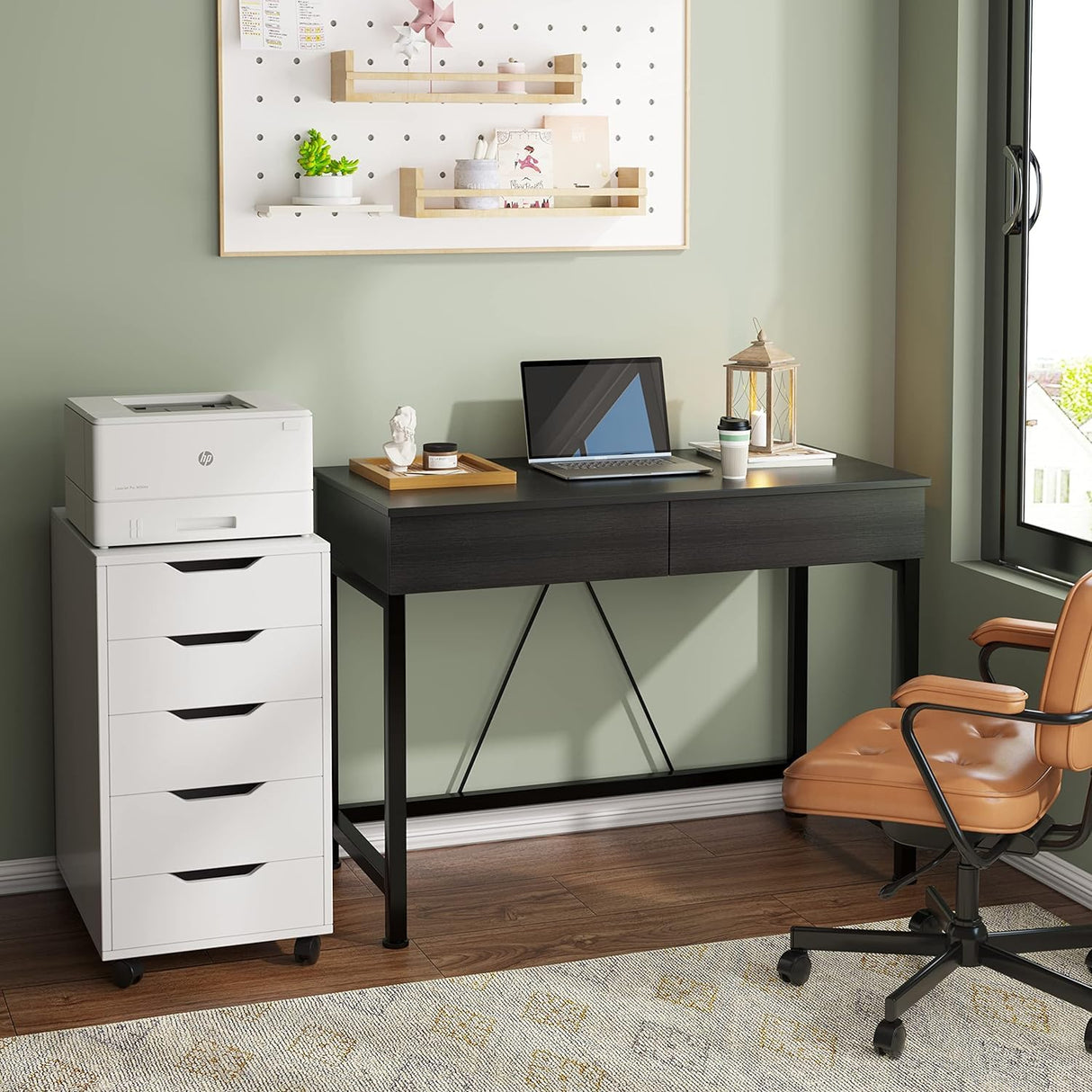 CAIYUN 40Inch Desk with 2 Wooden Drawers,Home Office Desks with Storage, Simple Modern Kids Desk, Vanity Desk for Bedroom, Work Study Writing Desk Table for Small Spaces (Black, Wooden) CAIYUN