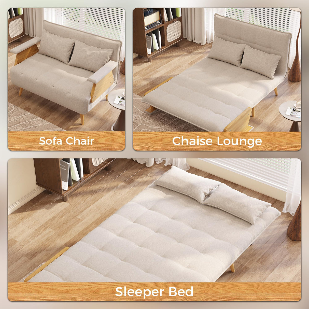 JASIWAY Convertible Chair Bed Sleeper for Adults, Linen 3-In-1 Convertable Single Sleeper Chair for Small Spaces, Trifold Futon Chaise Lounge that Turn into Beds, Adjustable Backrest (76.6"D X 44.9"W) JASIWAY