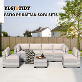 7-Piece Outdoor Sectional Patio Furniture Set, All-Weather Wicker Rattan Sofa w/Thick Washable Cushions & Tempered Glass Table, Perfect for Garden, Poolside, Backyard (7, Graywhite&Offwhite) YLGJ&TIDY