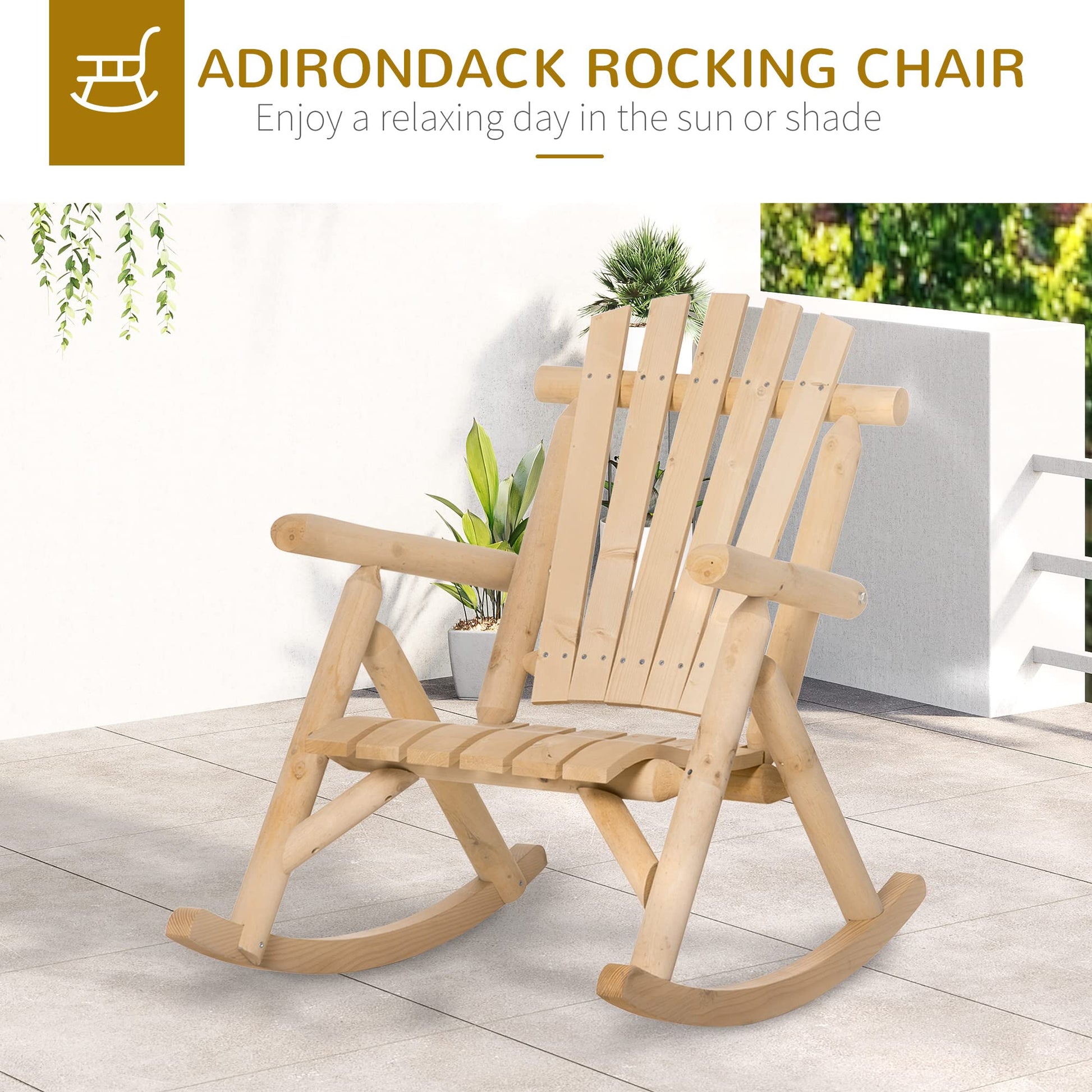 Outsunny Outdoor Wooden Rocking Chair, Single-Person Rustic Adirondack Rocker with Slatted Seat, High Backrest, Armrests for Patio, Garden and Porch, Natural - WoodArtSupply