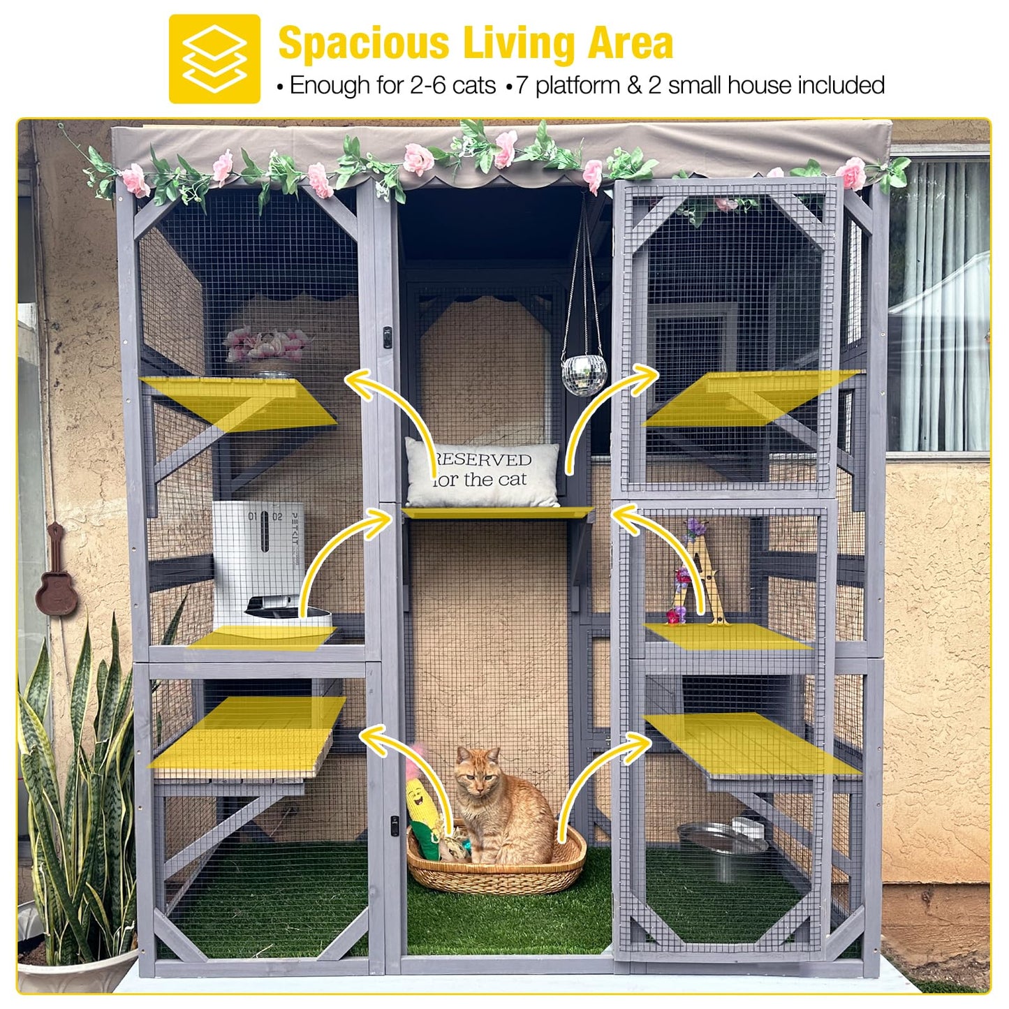 Aivituvin Catio Outdoor Cat Enclosure Large Cat House for Mulitiple Cats Walk in Cat Cage with Tarp Roof 70"