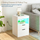 Yusong LED Nightstand Bedside Table with Charging Station 2 Drawers, White Modern Sofa Couch End Side Table with LED Lights and Pull-Out Shelf for Bedroom Living Room, Wooden Yusong