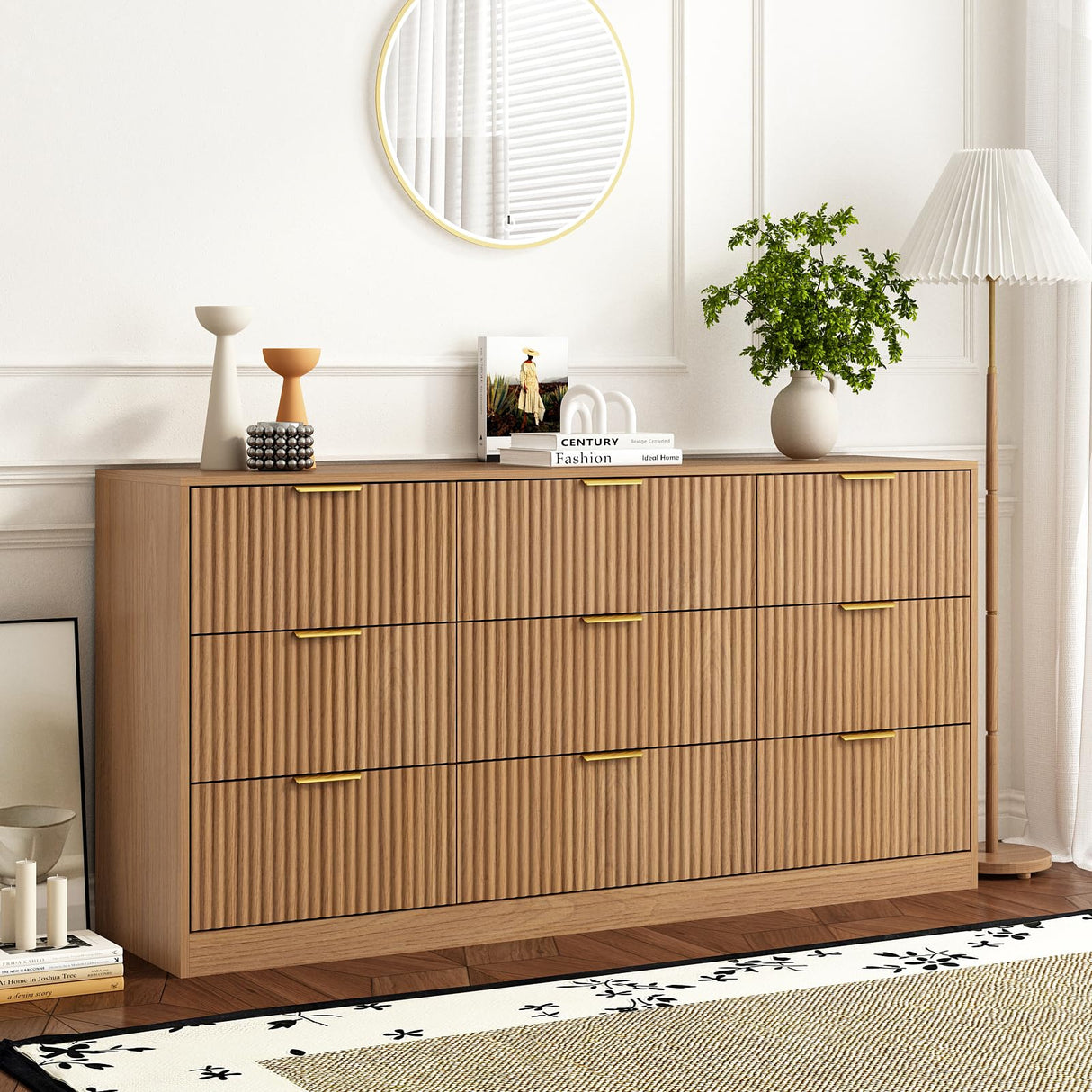 Sscaktu 9 Drawer Dresser for Bedroom with Deep Drawers, 63" Wide Wood Dresser, Large Floor Chest of Drawers, Modern Long TV Stand, Mid Century Storage Cabinet Side Table, Natural Sscaktu