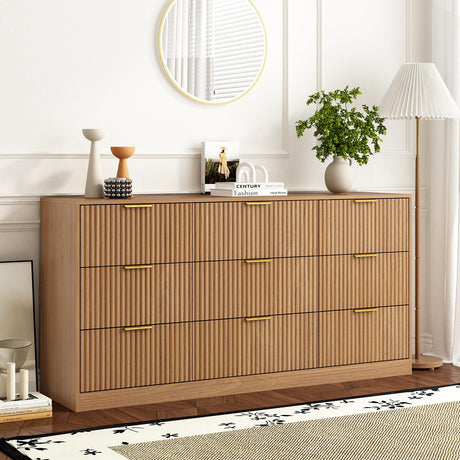 Sscaktu 9 Drawer Dresser for Bedroom with Deep Drawers, 63" Wide Wood Dresser, Large Floor Chest of Drawers, Modern Long TV Stand, Mid Century Storage Cabinet Side Table, Natural Sscaktu