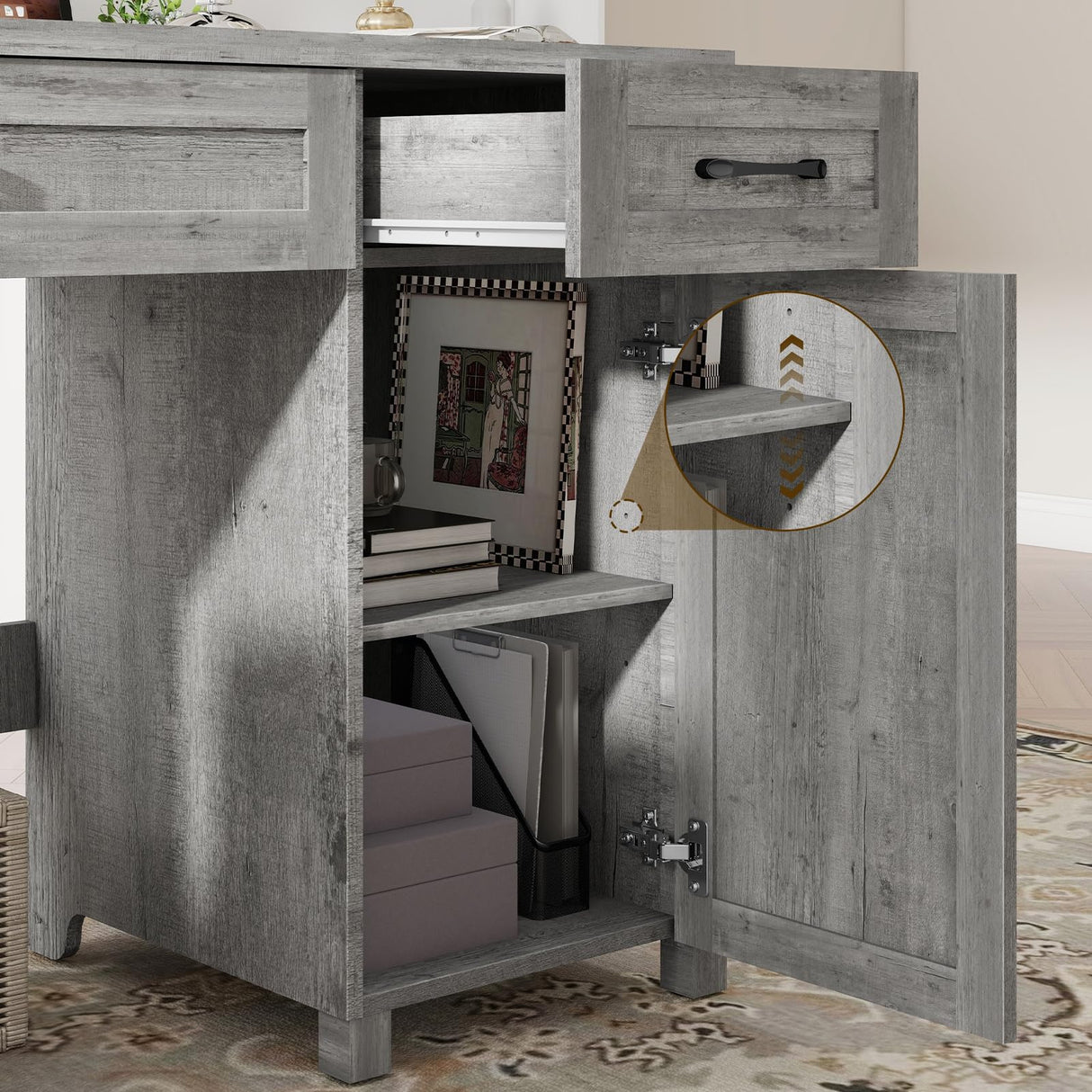 Farmhouse 47" Executive Desk, Computer Desk with Drawers and Storage Cabinet, Workstation Computer Desk for Home Office and Study.(Grey) Vabches