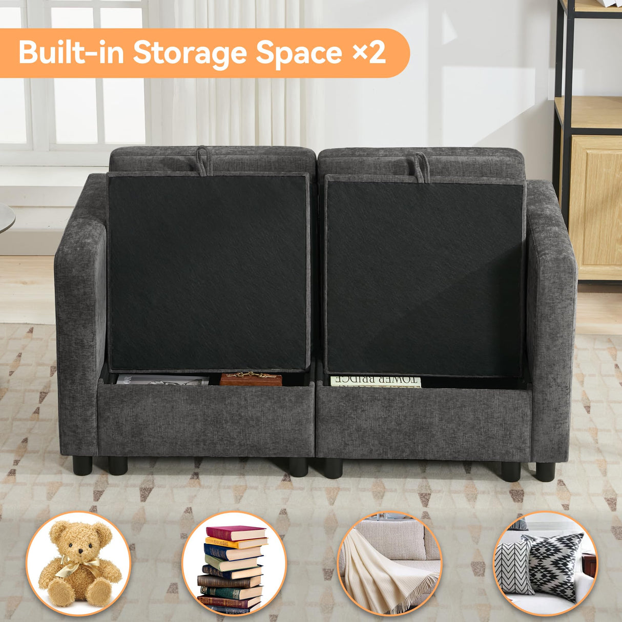 WUTUTUEE 58”Modular Sectional Loveseat Sofa, Modern Love Seat 2 Seater Sofa Couch with Storage, Chenille Modular Sectional Couch for Living Room, Bedroom, Office, Small Apartment, Dark Grey WUTUTUEE