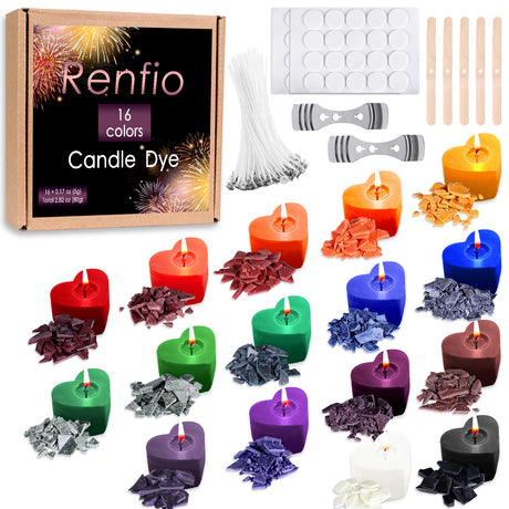 Renfio 16 Colors Candle Dye - 0.17oz/5g Each for Soy Wax, 54.4b Wax Making Accessories - Highly Concentrated Coloring Chips for Candle Making Supplies Renfio