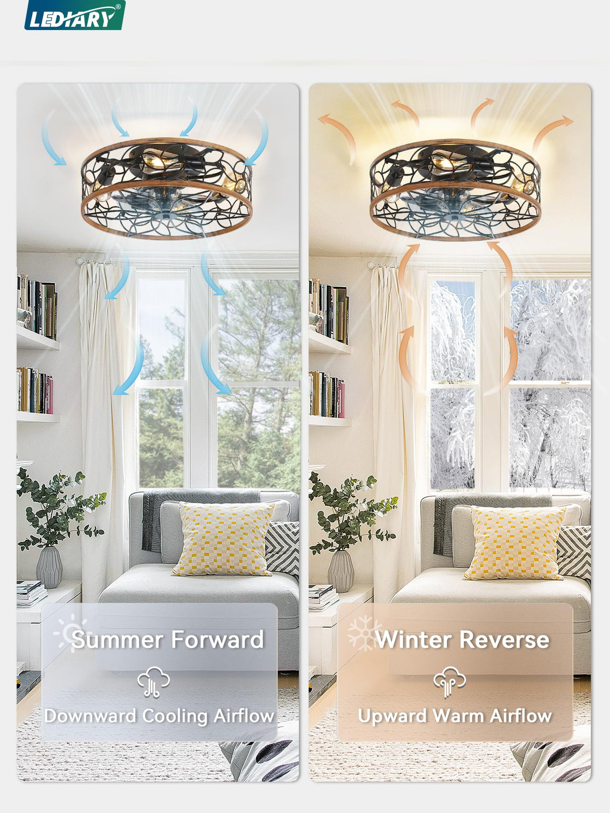 LEDIARY Caged Ceiling Fans with Lights, Farmhouse Flush Mount Ceiling Fan with Remote, Black&Walnut Low Profile Ceiling Fan Light Fixture for Bedroom, Kitchen, Dining Room. LEDIARY