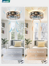 LEDIARY Caged Ceiling Fans with Lights, Farmhouse Flush Mount Ceiling Fan with Remote, Black&Walnut Low Profile Ceiling Fan Light Fixture for Bedroom, Kitchen, Dining Room. LEDIARY