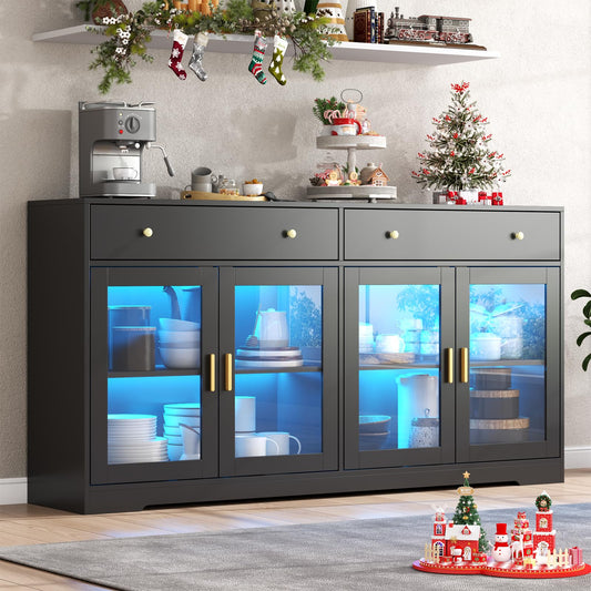 Sideboard Buffet Cabinet with LED Lights, 55.1 Storage Cabinet with 2 Large Drawers & 4 Glass Doors, Modern Kitchen Display Cabinet with Adjustable Shelves, Coffee Bar for Kitchen Living Room (Black)