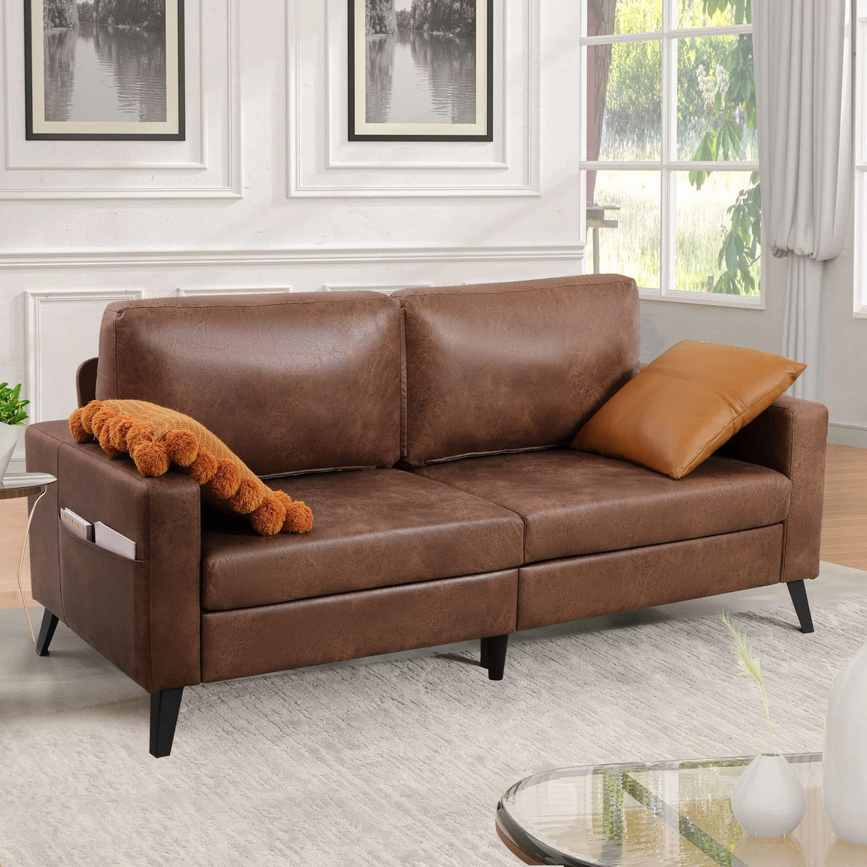 Esright 79 Inch Sofa Couch for Living Room, Small Couches, Faux Leather Loveseat, Mid Century Modern Sofas, Brown Comfy Love Seat for Bedroom, Apartment, Lounge, Office Esright