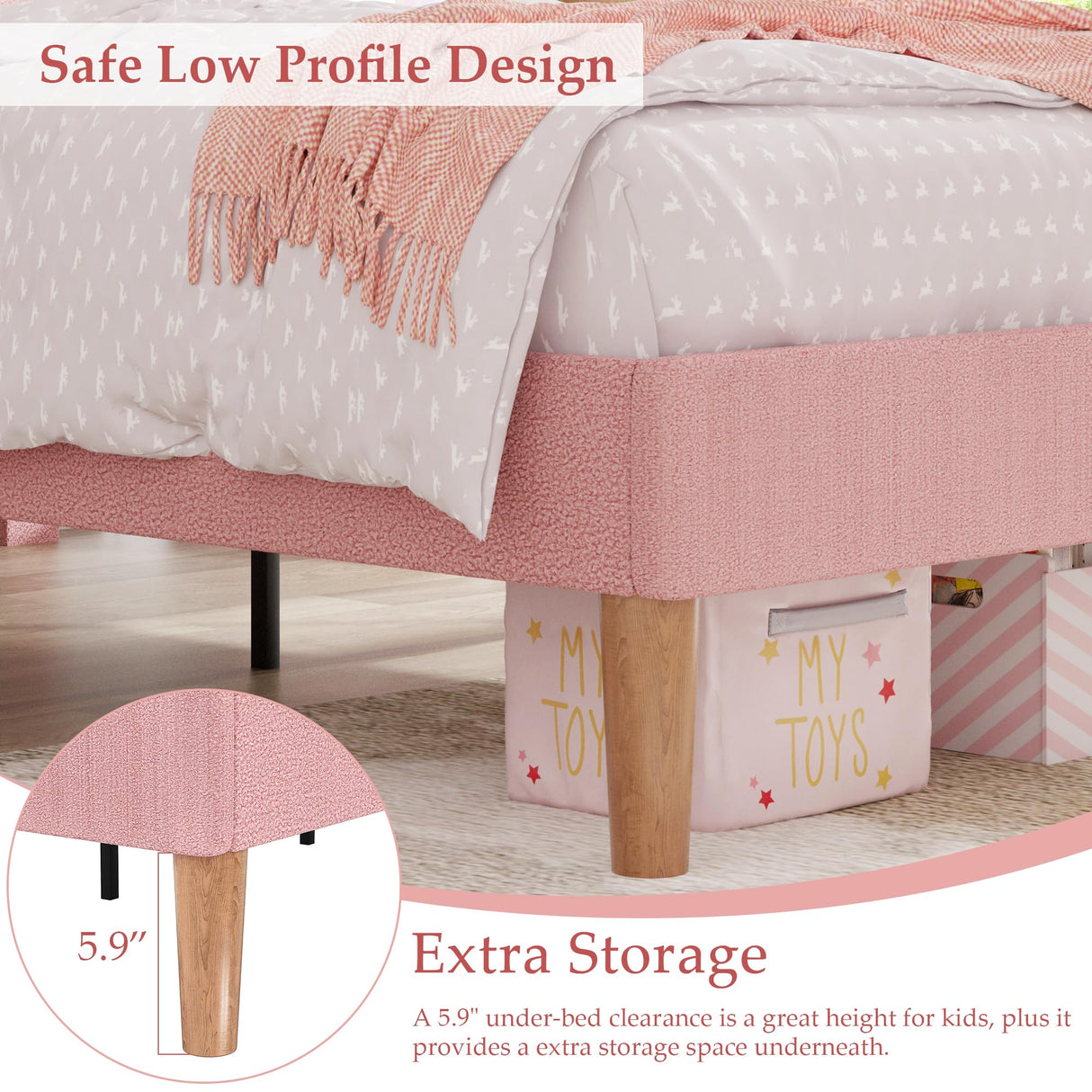 VECELO Twin Size Bed Frame, Upholstered Platform Bedframe with Height Adjustable Plush Fabric Headboard, Strong Wood Slat Supports, No Box Spring Needed, Pink VECELO