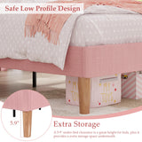 VECELO Twin Size Bed Frame, Upholstered Platform Bedframe with Height Adjustable Plush Fabric Headboard, Strong Wood Slat Supports, No Box Spring Needed, Pink VECELO
