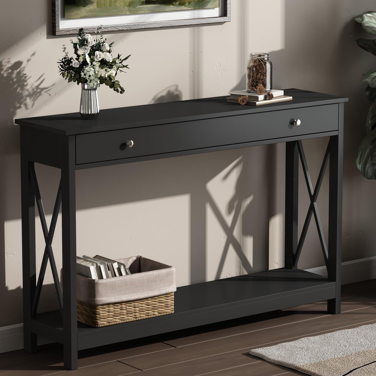 Treocho 47" Farmhouse Console Table with Drawer and Storage Shelves, Foyer Sofa Table Narrow for Entryway, Living Room, Hallway, Black