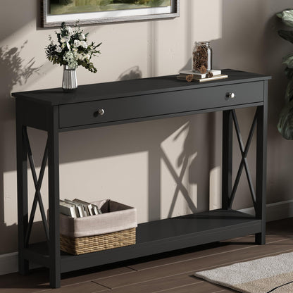 Treocho 47" Farmhouse Console Table with Drawer and Storage Shelves, Foyer Sofa Table Narrow for Entryway, Living Room, Hallway, Black