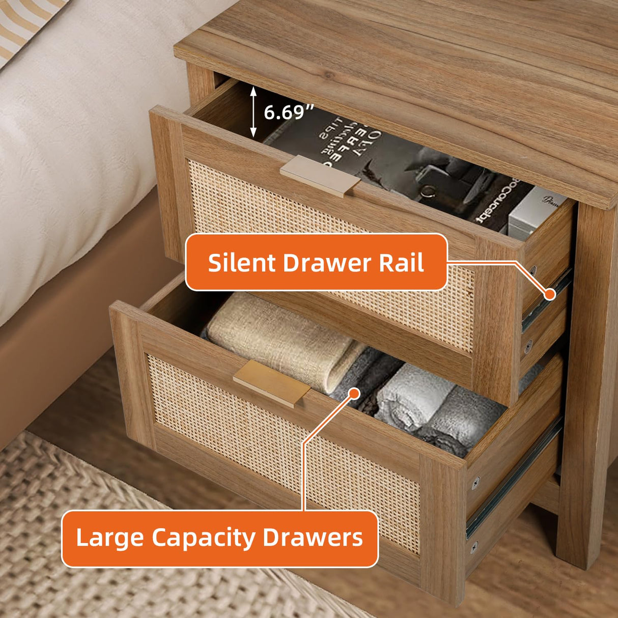 AILEEKISS Night Stand Set of 2 Rattan Nightstands with Wireless Charging Station, Wood Accent Bed Side End Tables with 2 Rattan Drawers, Modern Bedside Stand for Bedroom, Living Room (Natural Oak) AILEEKISS