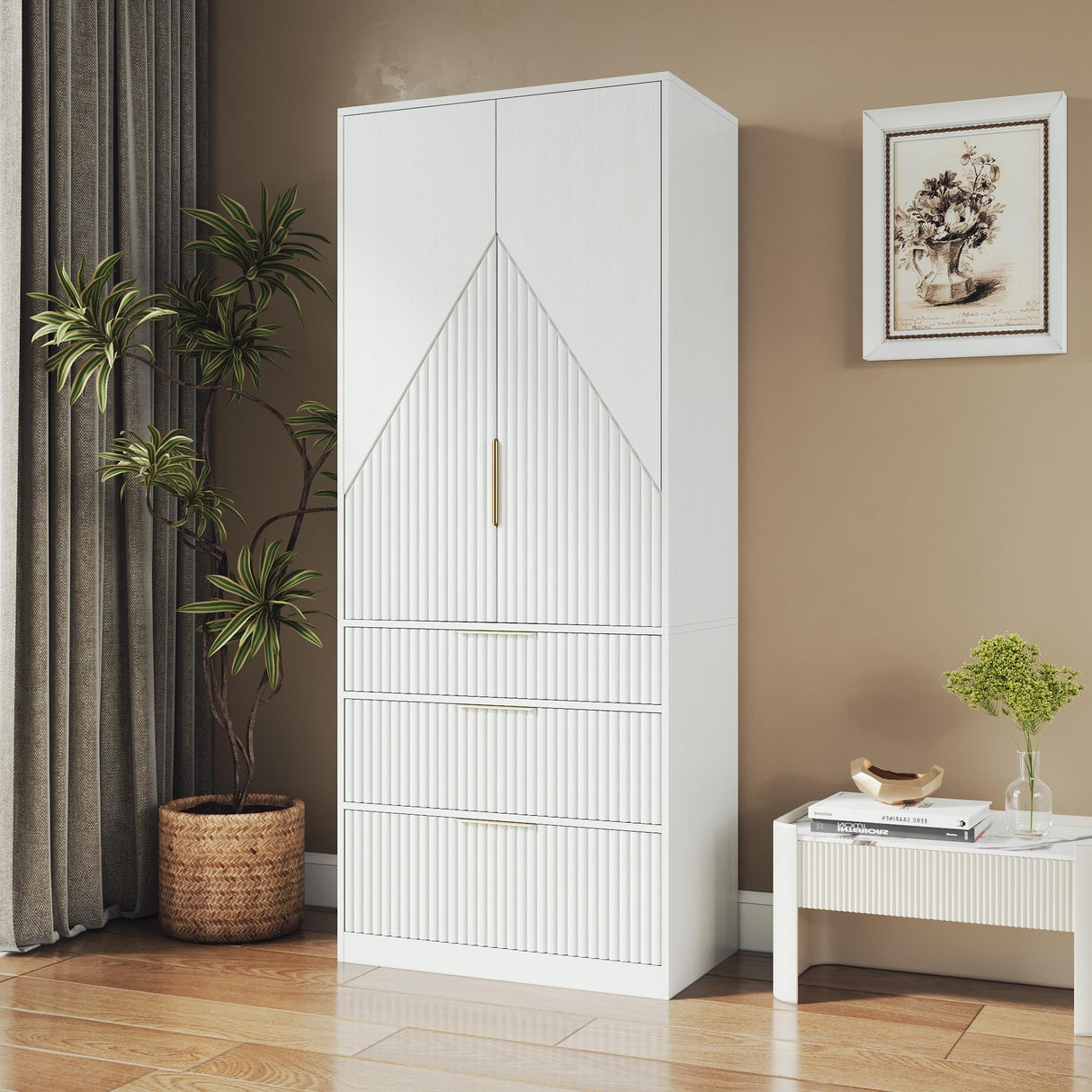71.7" Wardrobe Armoire Wooden Closet with 2 Doors and 3 Drawers, Bedroom Armoire with Hanging Rod Shelf, Large Capacity Storage Wardrobe Armoire, Freestanding Wooden Closet Storage Cabinet White TOKSOM