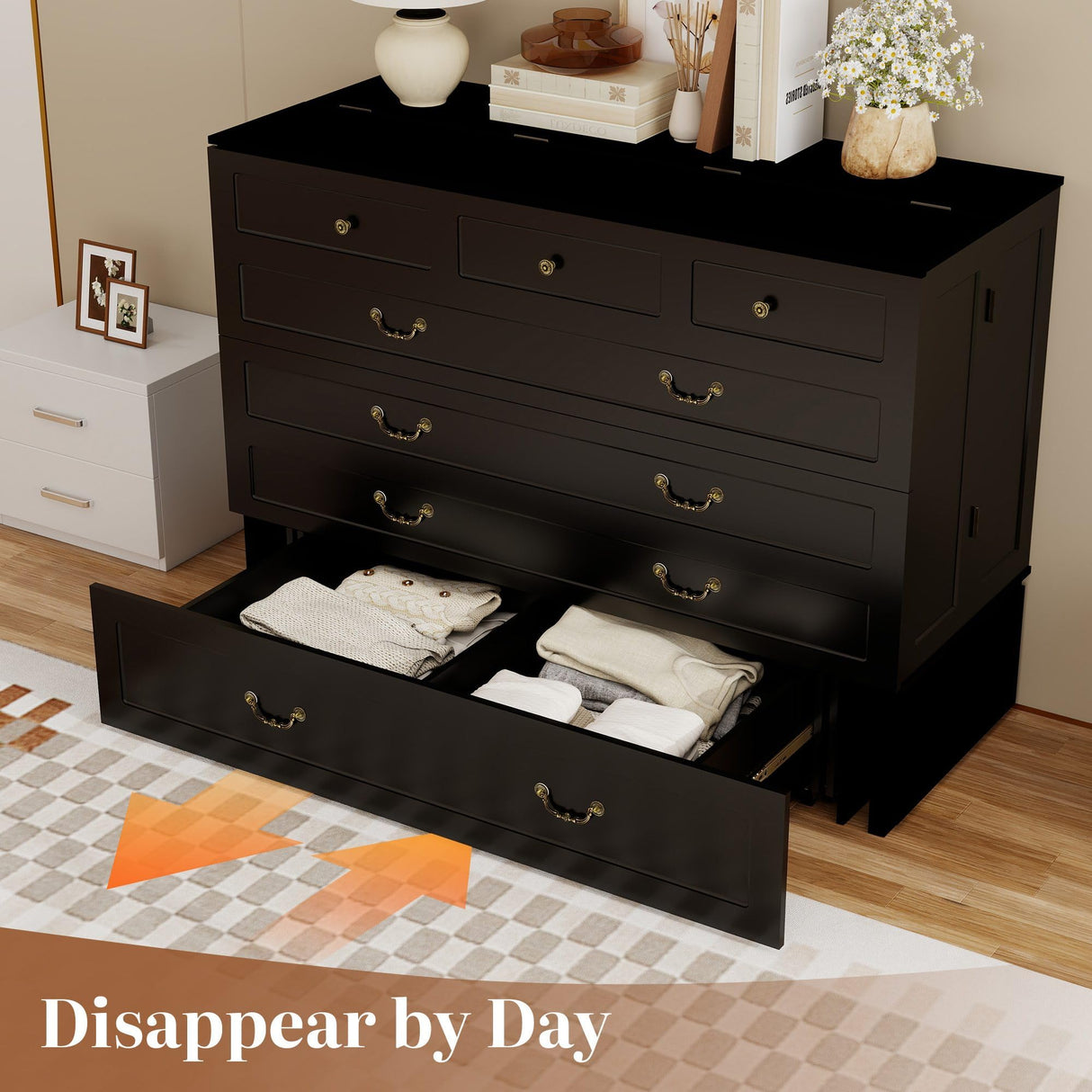 Tafeumob Murphy Bed Queen Size: Wood Murphy Bed Cabinet with Drawer Space-Saving with Golden Handle & Charging Station for Bedroom, Multipurpose Area, Guest Room, Apartment Black (Without Mattress) Tafeumob