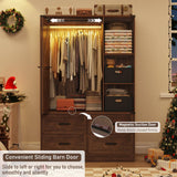 Farmhouse 3 Doors Armoire Wardrobe Closet w/Folding Sliding Barn Door and Lights, LED Armoire Closet w/Drawers for Bedroom, Freestanding Wooden Wardrobe Storage Closets w/Hanging Rod,Rustic Brown jiteentarou