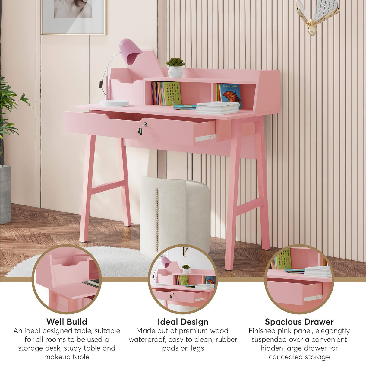 Modern Designs by Crafts and Comfort Roma Elegant Writing Desk - with Storage, Cable Holes & Drawers - Great for use as Workstation and Writing for Students in Bedroom or Dormroom - Pink 40x19x37 Modern Design By Crafts & comfort