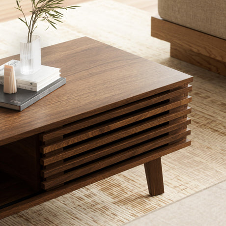 Furniway Mid Century Modern Coffee Table, Wood Coffee Table with Storage, Farmhouse Table for Living Room, Apartment, Walnut Furniway