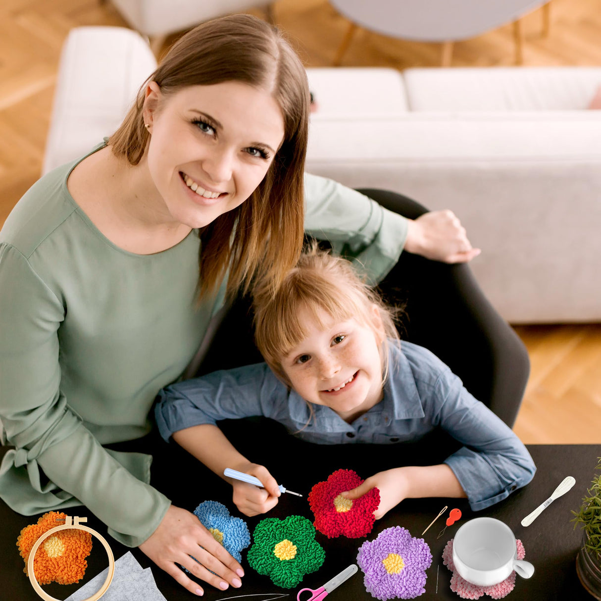 WATINC Flower Punch Needle Coaster Kit - 22Pcs Crafts Punch Needle Coasters Kits for Beginners, Flower Patterns Tufted Rug Pads with Adhesive Felt Yarns Embroidery Hoop Instruction WATINC