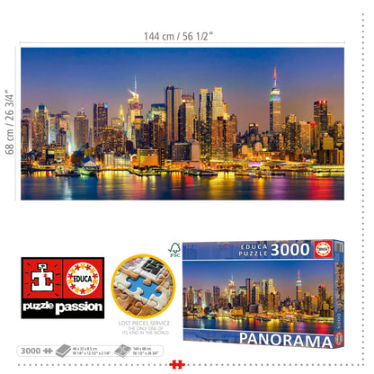 Educa - Panorama Puzzles - New York City Skyline - 3000 Piece Jigsaw Puzzle - Puzzle Glue Included - Completed Image Measures 47.24"x 37.79" - Ages 14+ (19948)