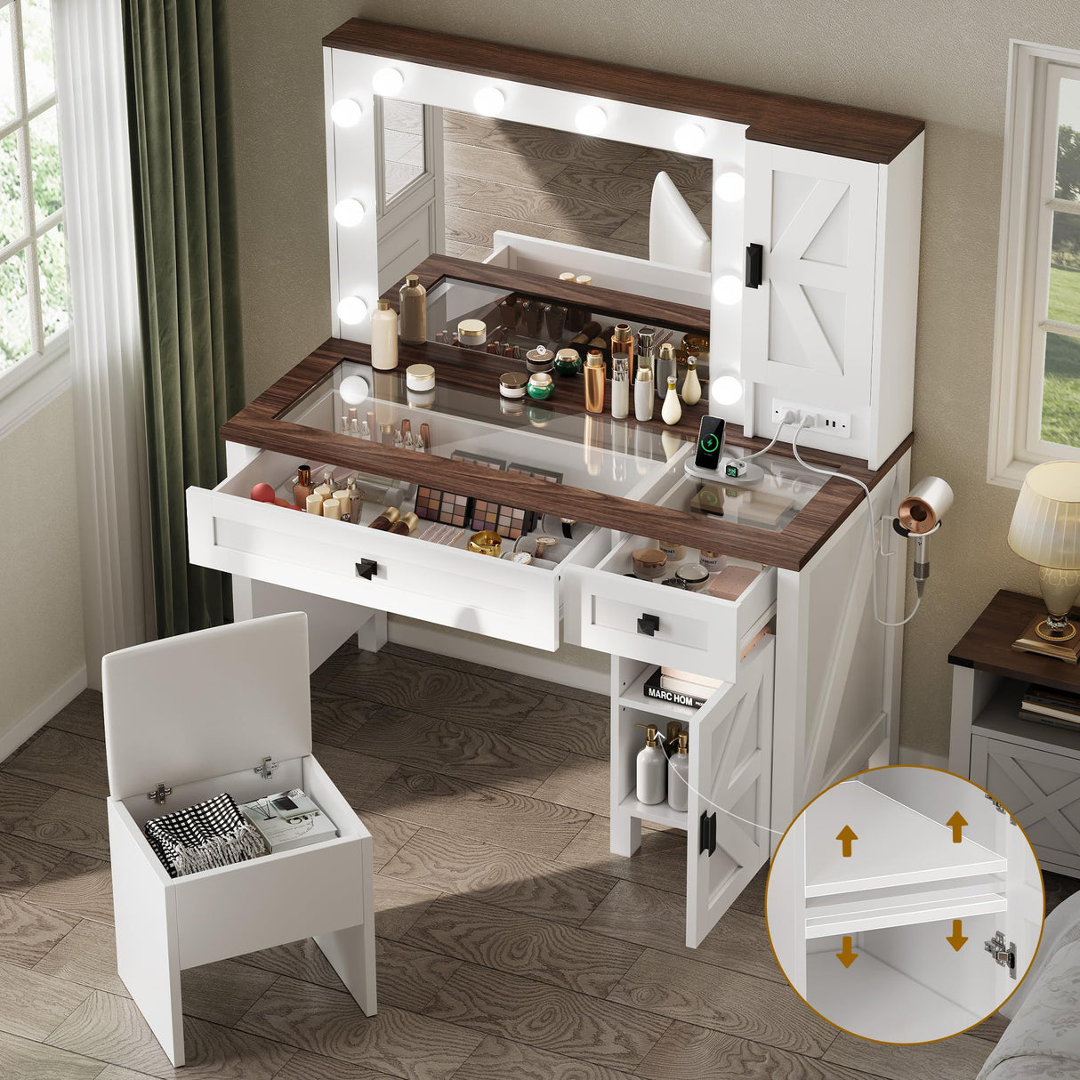 YITAHOME Farmhouse Makeup Vanity Desk with Mirror and Lights, Retro Big Vanity Table Set with Charging Station, Makeup Desk with 2 Drawers & 2 Cabinets, 10 Dimmable Light Bulbs, for Bedroom, White YITAHOME
