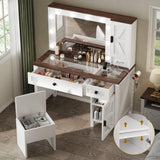 YITAHOME Farmhouse Makeup Vanity Desk with Mirror and Lights, Retro Big Vanity Table Set with Charging Station, Makeup Desk with 2 Drawers & 2 Cabinets, 10 Dimmable Light Bulbs, for Bedroom, White YITAHOME