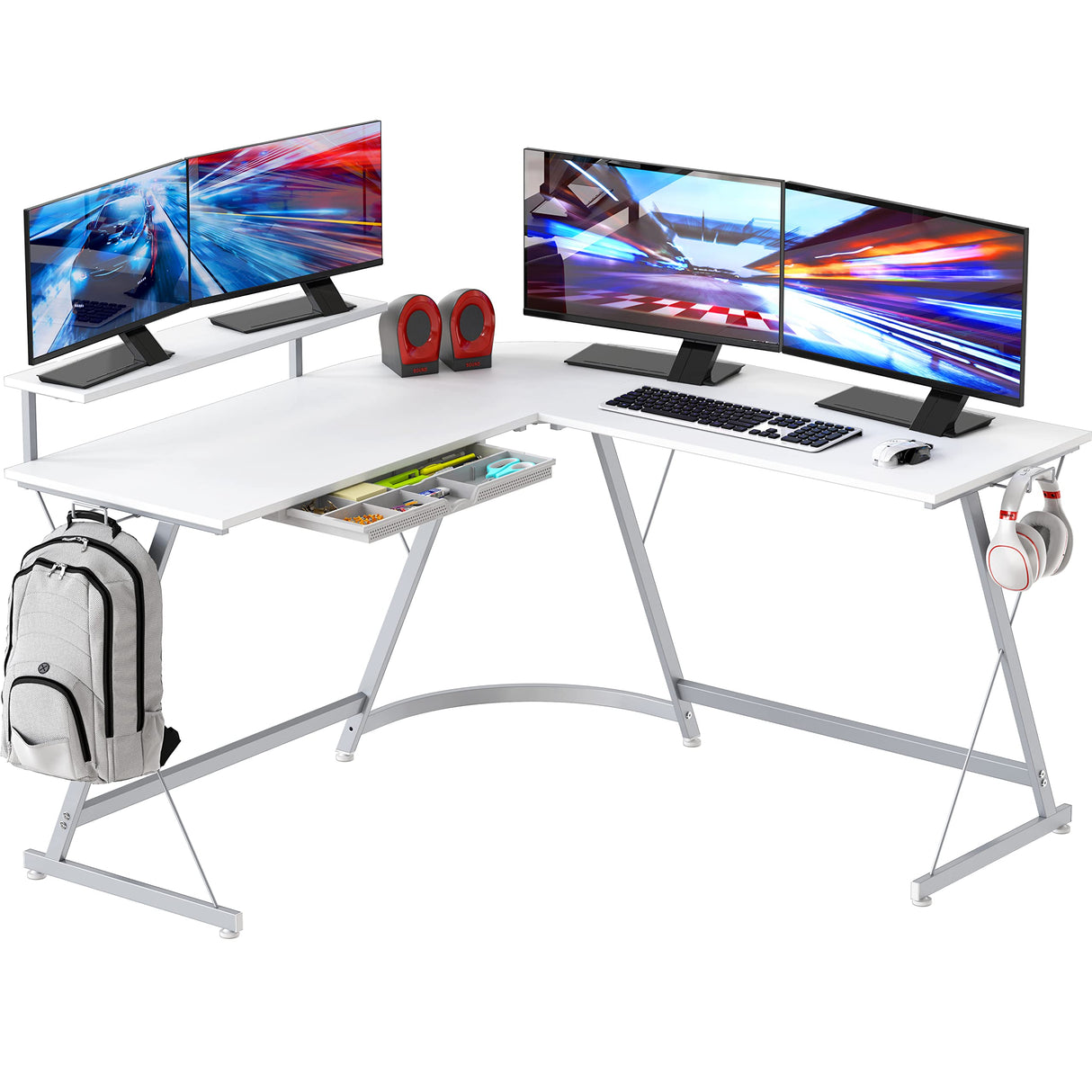 SHW Vista L-Shape Desk with Monitor Stand, White SHW