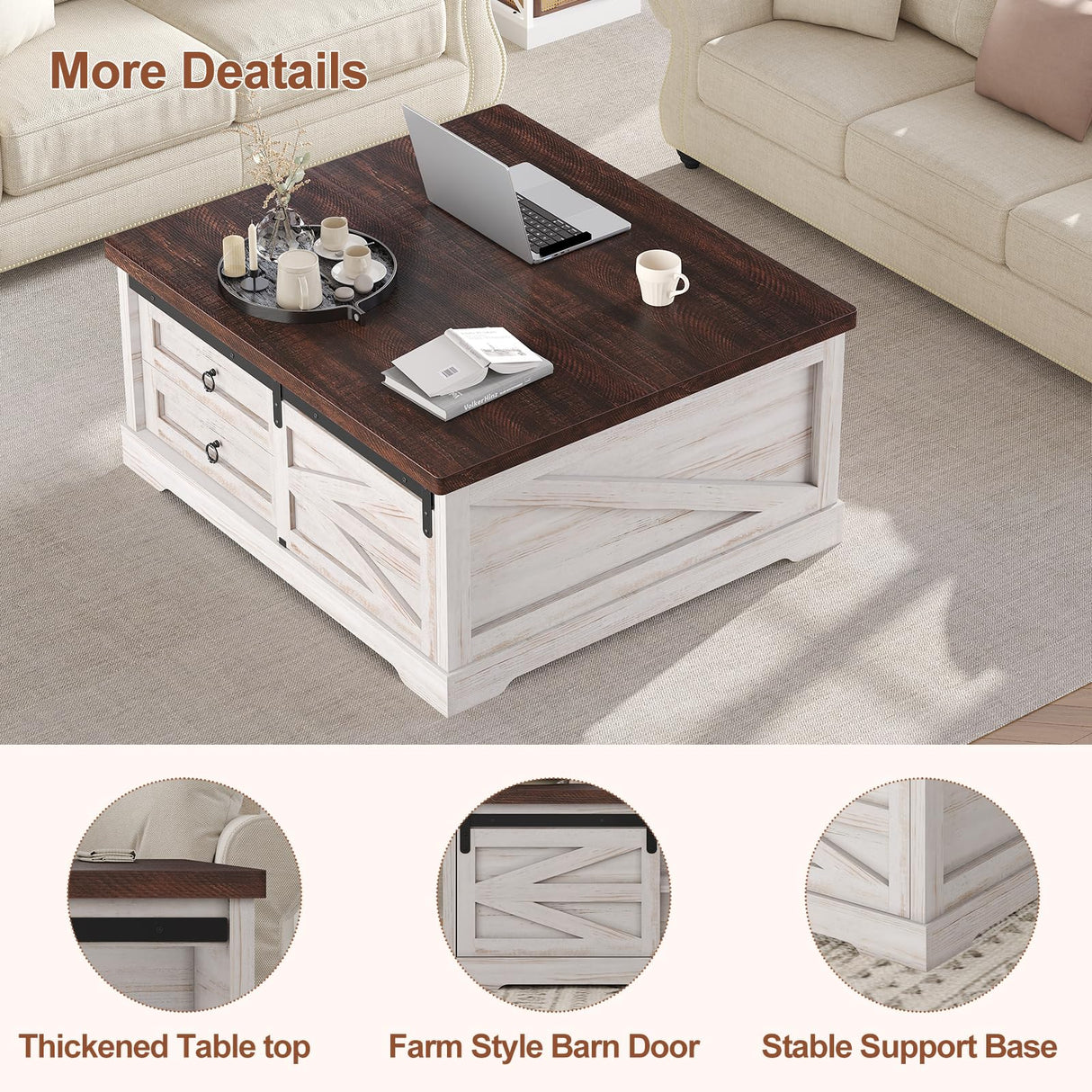 Itaar 39.4'' Lift Top Coffee Table with Storage, Farmhouse Coffee Tables for Living Room, Square Coffee Table with Large Hidden Compartment & 2 Drawers & Adjustable Shelves, White Itaar