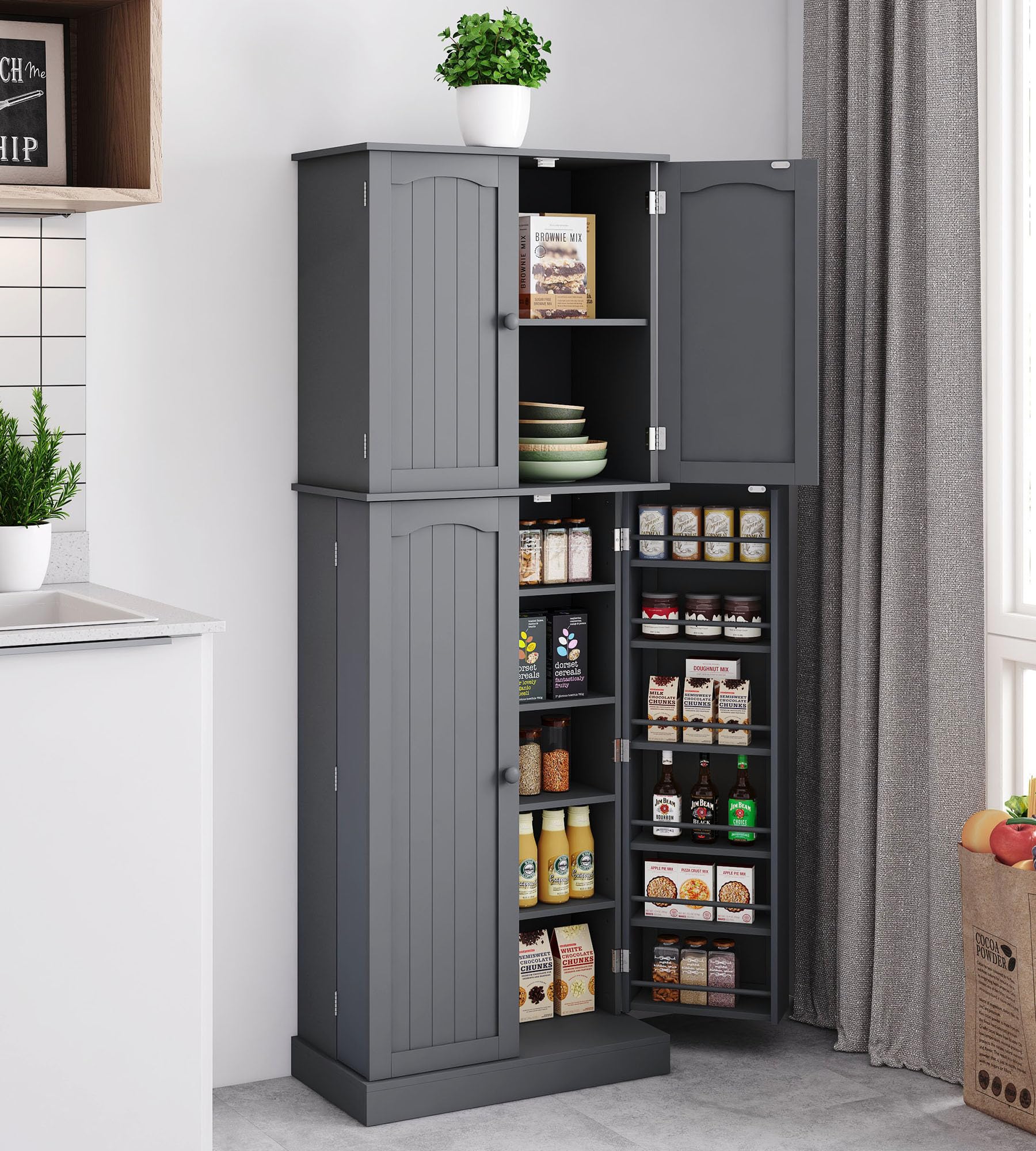 Yusong Tall Kitchen Pantry Storage Cabinet with Doors and Shelves, Wooden Food Pantry Farmhouse Cupboard Freestanding Buffet for Kitchen Dining, Grey - WoodArtSupply