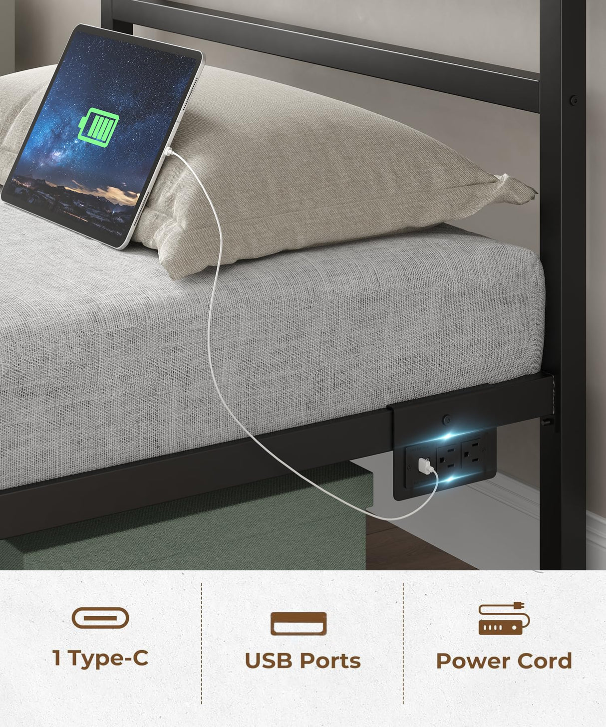 CollaredEagle Twin Size Bed Frame with Headboard, Metal Platform Bed Frame with LED, Charging Station, No Box Spring Needed, Easy Assembly, Noise Free, Black CollaredEagle