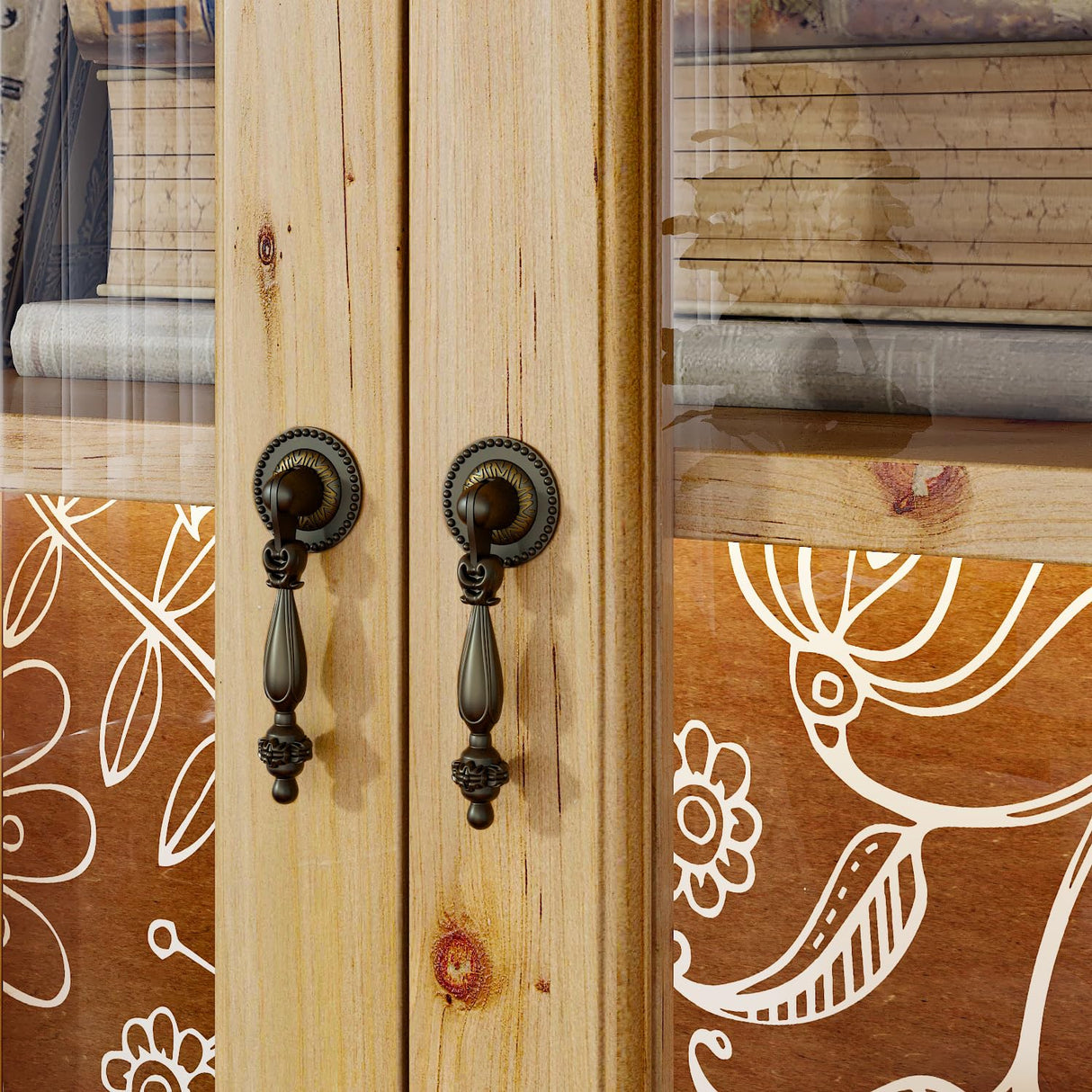 Hitow Glass Curio Cabinet Display Case with LED Light & 4 Doors, 4-Tier Flower-Patterned Glass Showcase Display Cabinet, 74.2" H Bookshelves and Bookcases for Living Room, Wood Grain Hitow