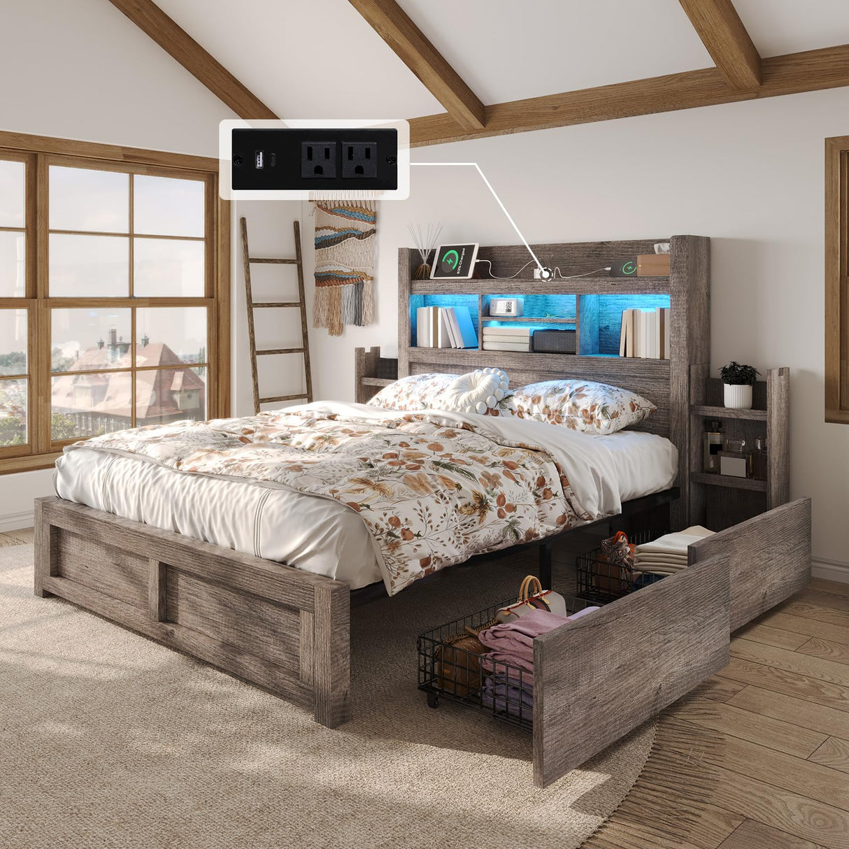 LUXOAK Queen Bed Frame with 49.6" Bookcase Headboard & 4 Drawers & 2 Detachable Bedside Stoage Racks, Farmhouse Wood Bed Frame with RGB LED & Charging Station, No Box Spring Needed, Grey LUXOAK