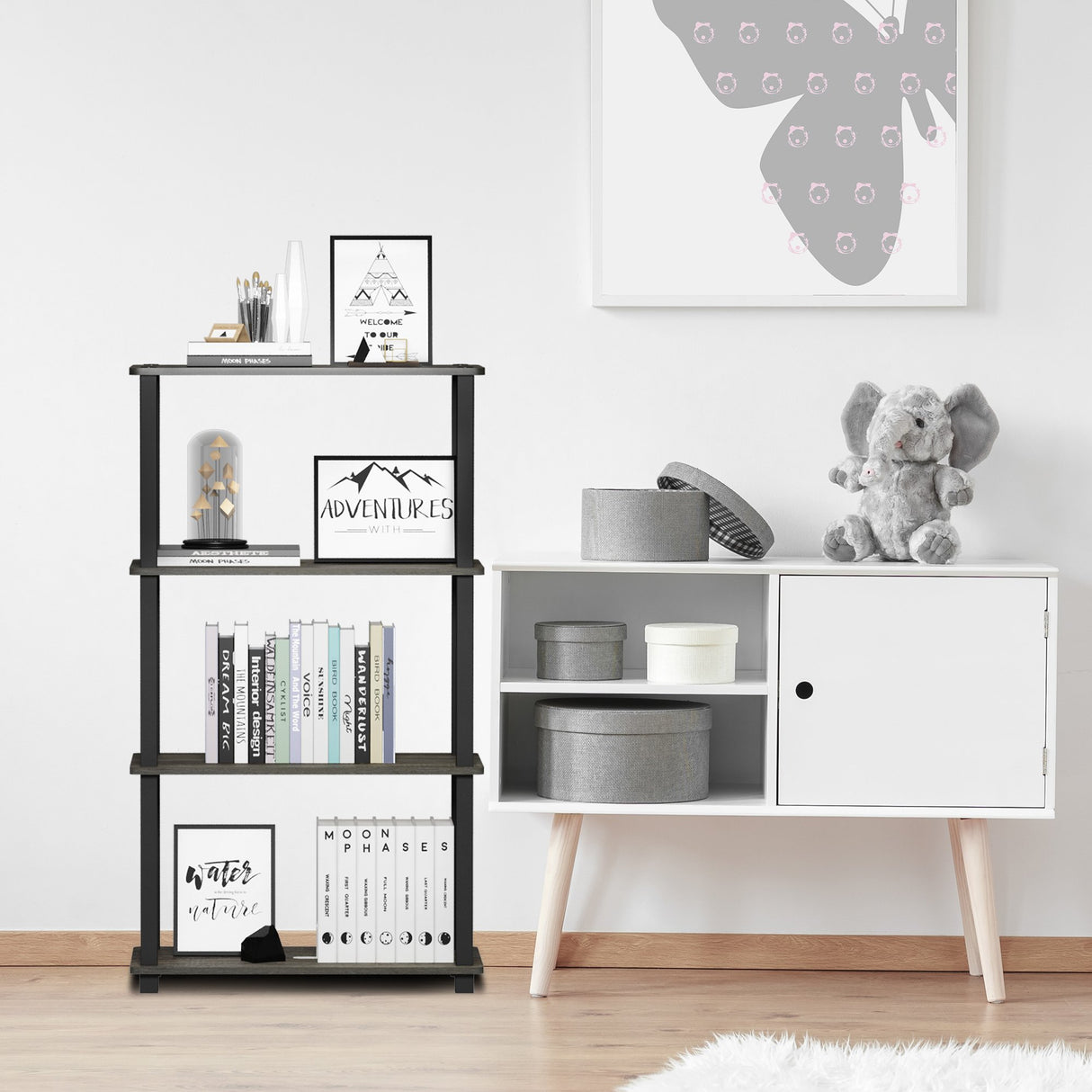 Furinno Turn-N-Tube 4-Tier Multipurpose Shelf Display Rack, Square Tube, French Oak Grey/Black Furinno