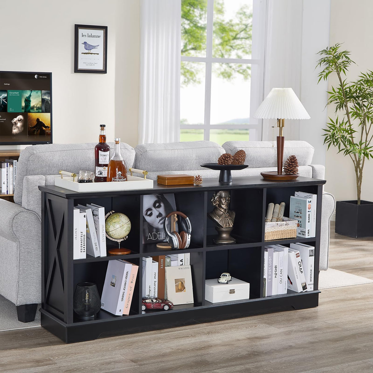 Book Shelf, 8 Cubes Farmhouse Wood Long Storage Organizer Bookcase, 3-Tier Open Shelf Wooden Bookcase, Cube Organizer with Storage, Display Cabinet Organizer for Bedroom, Home and Office, Black NONGSHIM