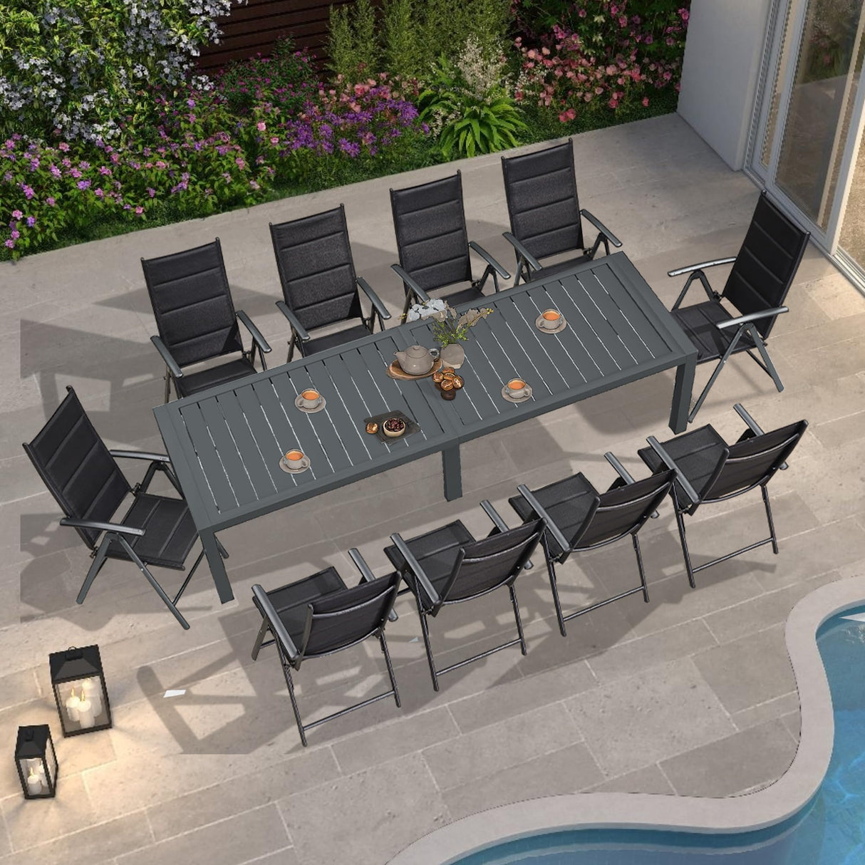 PURPLE LEAF 11 Pieces Outdoor Patio Dining Set with 10 Folding Portable Chairs and 1 Rectangle Aluminum Table, Foldable Adjustable High Back Reclining Chairs with Soft Cotton-Padded Seat, Black PURPLE LEAF